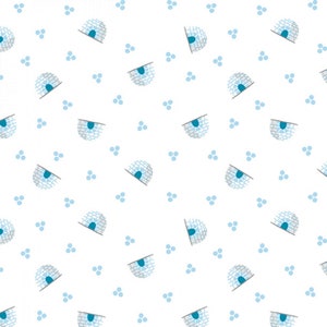 May include: A white background with a repeating pattern of blue snowballs and blue and white igloos.