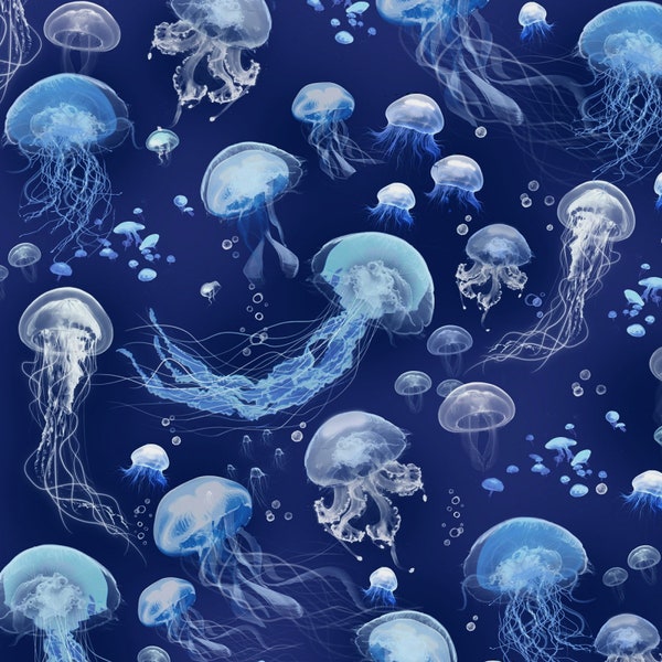 EOB~Timeless Treasures - Aquarium - Jellyfish - Blue - Cotton Fabric by the Yard or Select Length C7981-BLUE