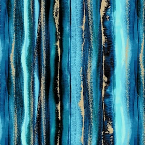 May include: Abstract watercolour pattern with vertical stripes in shades of blue, teal, and black, with gold streaks. The design has a textured, artistic appearance, suitable for fabric or wallpaper.
