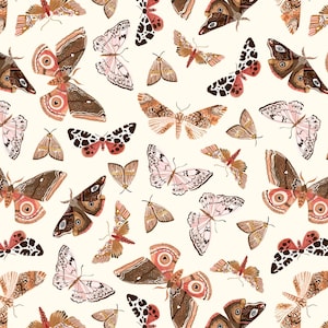 May include: A repeating pattern of various moths in shades of brown, pink, and cream. The moths have detailed wing patterns and are scattered across a cream-colored background. The design is reminiscent of a vintage illustration.