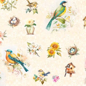 Quilting Treasures~Birdsong~Birds and Flowers~Digital~Cream~Cotton Fabric by the Yard or Select Length 30277-E