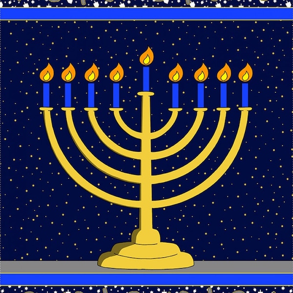Henry Glass~Festival of Lights~23.5" x 43" Menorah Panel~Navy~Cotton Fabric by the Panel 9575P-77