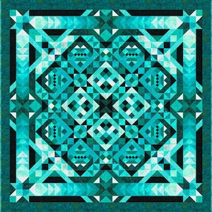 Puede incluir: Un patrón geométrico azul turquesa y negro con un diseño simétrico. El patrón está formado por triángulos y cuadrados.