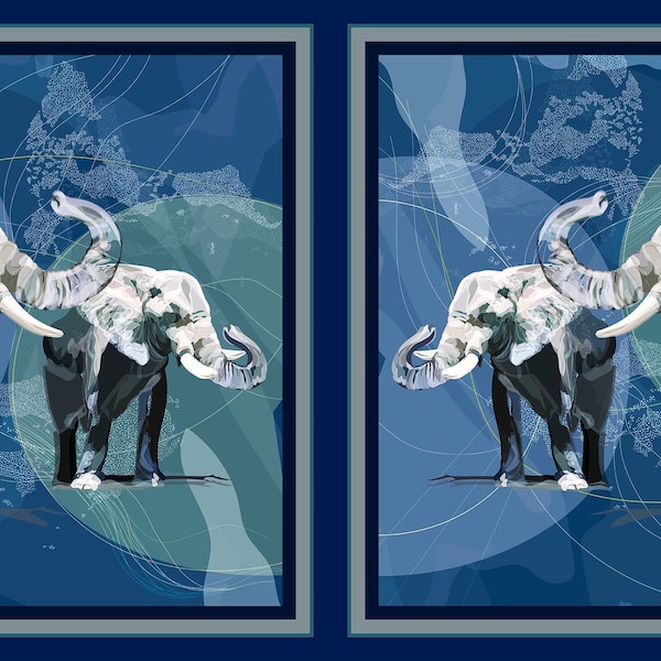 Trésors de courtepointe ~ Éléphants extraordinaires ~ Panneau à 2 blocs d'éléphant de 24,75 po x 43 po ~ Numérique ~ Marine ~ Tissu en coton par le panneau 28776-N