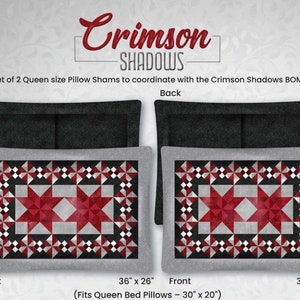May include: Set of two queen-sized pillow shams in a red, white, and black geometric pattern. The shams are 36 inches by 26 inches and fit queen-sized bed pillows. The back of the shams is black.