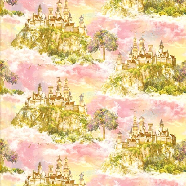 3 Wishes Fabric~Princess Dreams~Castle in the Sky~Digital~Pink~Cotton Fabric by the Yard or Select Length 21533-PINK