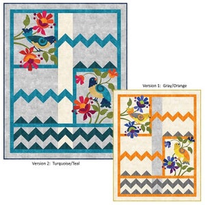 Puede incluir: Dos versiones de un patrón de colcha con pájaros y flores en un diseño geométrico. La versión 1 es en gris y naranja, mientras que la versión 2 es en turquesa y verde azulado.