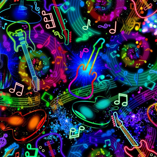 Timeless Treasures~Rockstar~Neon Music Notes and Guitars~Black~Cotton Fabric by the Yard or Select Length CD2978-BLACK