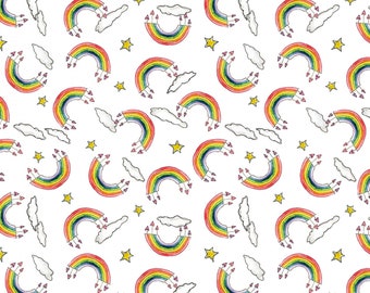 Peut inclure: Un motif sans couture représentant des arcs-en-ciel colorés avec des nuages et des étoiles jaunes sur un fond blanc. Les arcs-en-ciel sont dessinés dans un style aquarelle avec une touche fantaisiste.