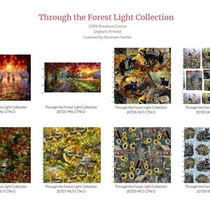 May include: A collection of eight fabric designs featuring nature scenes. The designs include deer in a forest, a sunset over a path, black bears in a forest, raccoons in a forest, sunflowers, and a blue and white pattern. The fabric is 100% premium cotton and digitally printed. The collection is licensed by Abraham Hunter.