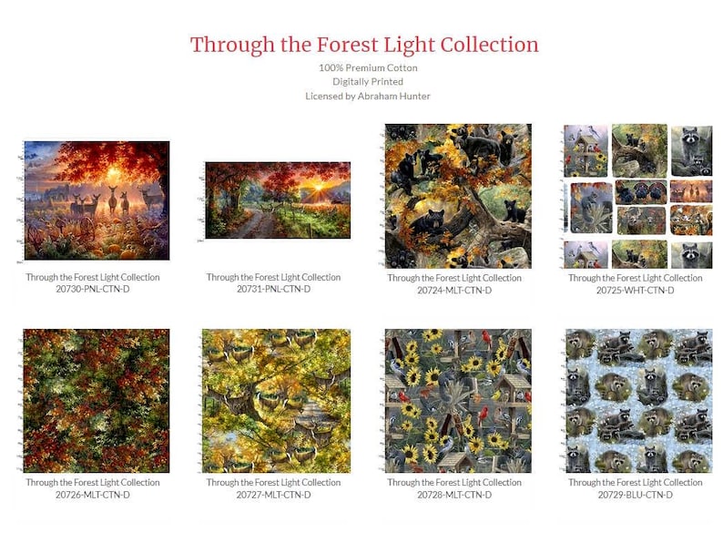 May include: A collection of eight fabric designs featuring nature scenes. The designs include deer in a forest, a sunset over a path, black bears in a forest, raccoons in a forest, sunflowers, and a blue and white pattern. The fabric is 100% premium cotton and digitally printed. The collection is licensed by Abraham Hunter.