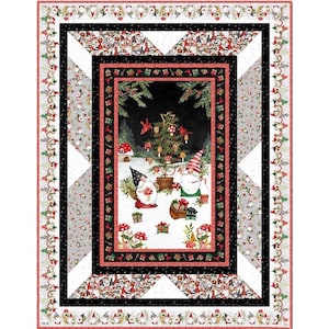 May include: A Christmas-themed quilt featuring a central image of gnomes decorating a tree. The quilt has a black border with red accents and a repeating pattern of gnomes and gifts. The outer border has a repeating pattern of mushrooms and gnomes.