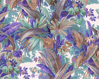 Peut inclure: Un motif sans couture représentant une scène de jungle tropicale luxuriante. Le design présente une variété de grandes feuilles dans des tons de violet, sarcelle, marron et gris, sur un fond crème. L'œuvre évoque une flore exotique.