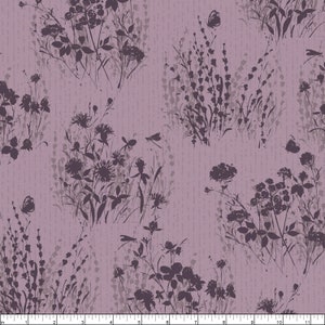 May include: A repeating pattern of stylized wildflowers and insects in shades of purple and gray on a textured, light purple background. Silhouettes of flowers, butterflies, and dragonflies are scattered across the fabric.