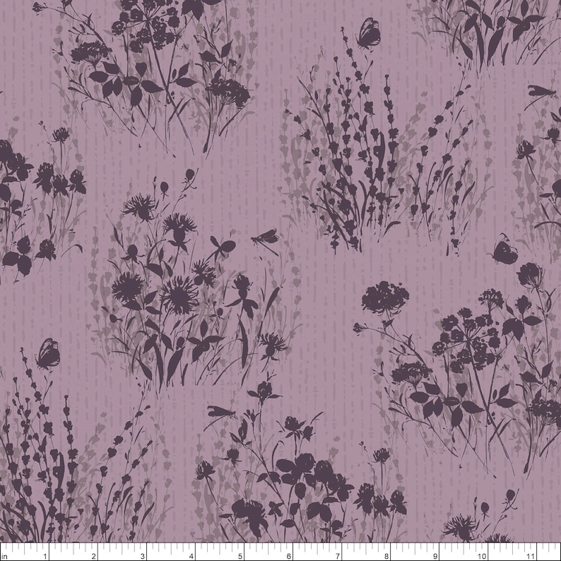 May include: A repeating pattern of stylized wildflowers and insects in shades of purple and gray on a textured, light purple background. Silhouettes of flowers, butterflies, and dragonflies are scattered across the fabric.