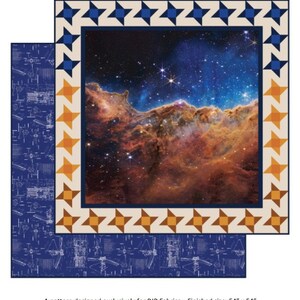 May include: A quilt pattern featuring a colorful nebula image surrounded by a border of blue and orange stars. The pattern is designed for a 54 inch by 54 inch quilt.