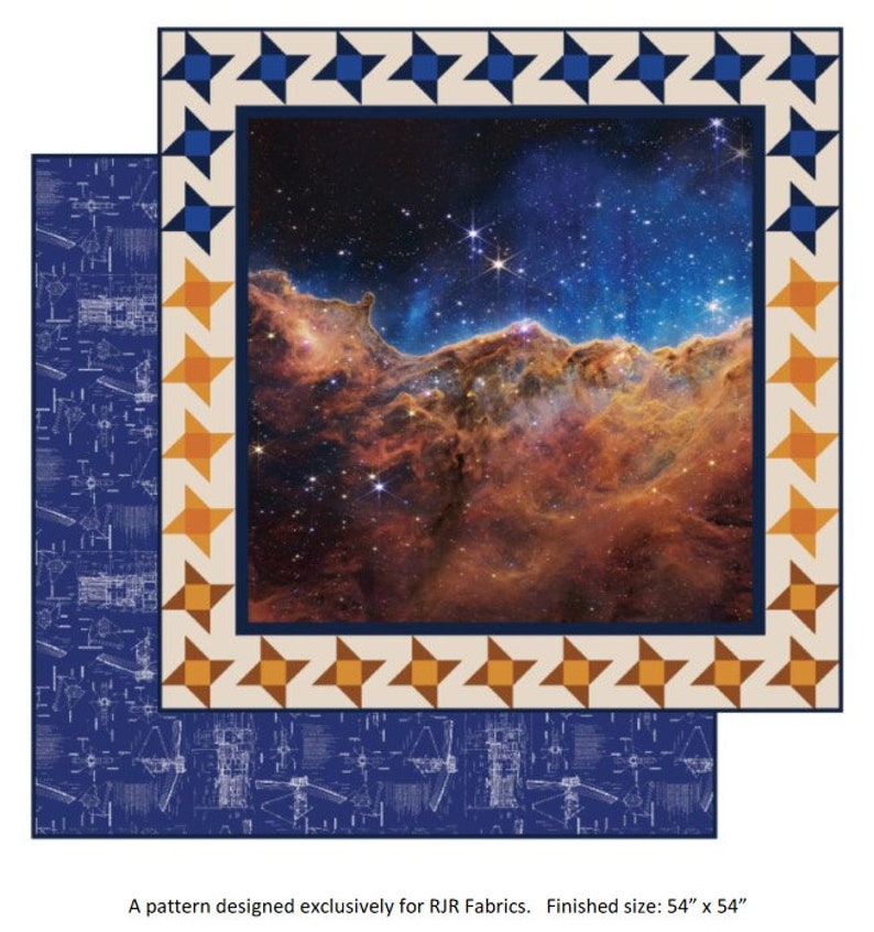 May include: A quilt pattern featuring a colorful nebula image surrounded by a border of blue and orange stars. The pattern is designed for a 54 inch by 54 inch quilt.