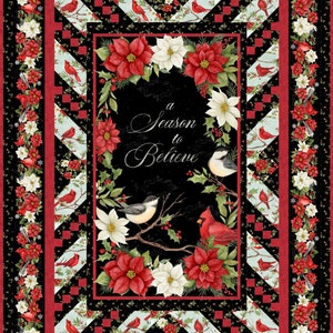 May include: A black background with a wreath of red and white poinsettias, holly, and berries. Two birds are perched on a branch in the center of the wreath. The text "a season to believe" is written in cursive script in the center of the wreath.