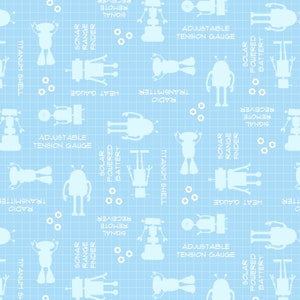 May include: A light blue background with a grid pattern features white robot silhouettes with various labels, including "Solar Powered Battery", "Titanium Shell", "Sonar Range Finder", "Adjustable Tension Gauge", "Radio Transmitter", and "Heat Gauge".