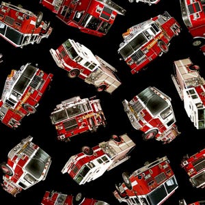 Timeless Treasures~Fire Rescue~Tossed Fire Engine~Digital~Black~Cotton Fabric by the Yard or Select Length CD1988-BLACK