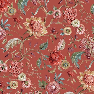 May include: A seamless pattern featuring watercolor illustrations of red, pink, and yellow flowers with green leaves on a terracotta background.