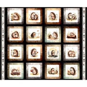 May include: A fabric panel featuring a grid of sixteen square images, each depicting a watercolor hedgehog scene. Hedgehogs are shown in various poses, some with flowers, others in pairs, and some with their young. The color palette includes browns, greens, and soft earth tones.