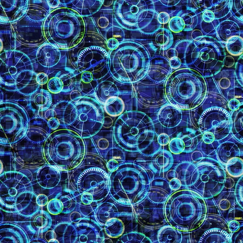 Peut inclure: Motif num&eacute;rique abstrait avec des cercles bleus et verts qui se chevauchent sur un fond bleu fonc&eacute;. Les cercles ont un effet lumineux et semblent &ecirc;tre reli&eacute;s par des lignes.