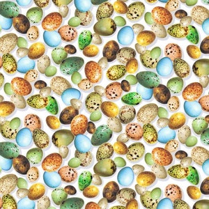 May include: A seamless pattern of various speckled eggs in shades of brown, green, blue, and yellow. The eggs are scattered across a white background, creating a natural and organic design. The eggs vary in size and shape.