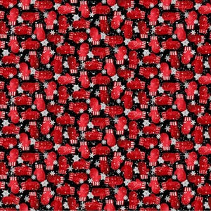 May include: A seamless pattern featuring red mittens with white stripes and white snowflakes on a black background.