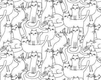 Contempo by Benartex~Cosmo Cats~Outline Cats~White/Black~Cotton Fabric by the Yard or Select Length 16133B-09