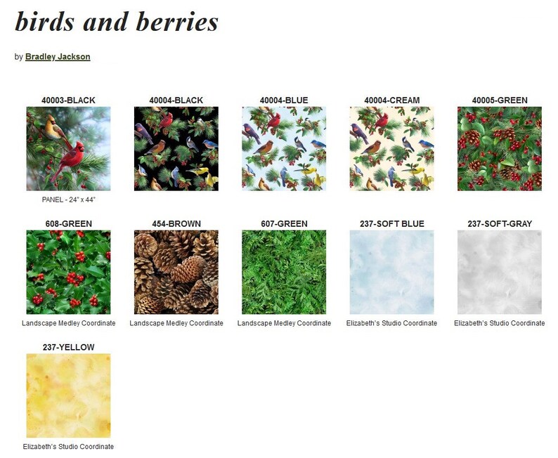 Puede incluir: Un cat&aacute;logo de productos con muestras de tela con dise&ntilde;os de p&aacute;jaros y bayas. Las muestras incluyen varios colores y patrones, como cardenales rojos, pi&ntilde;as y acebo. El texto "birds and berries" y el nombre del dise&ntilde;ador est&aacute;n en la parte superior.
