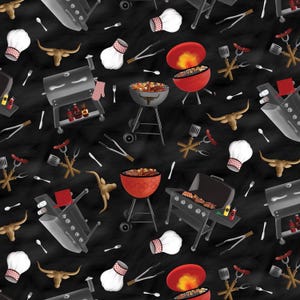 May include: A seamless pattern featuring various barbecue elements on a black background. The design includes illustrations of grills, chef hats, tongs, forks, spatulas, and longhorn skulls. The grills are in shades of gray and red.