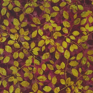 May include: Fabric with a repeating pattern of yellow leaves and branches against a deep burgundy background. The leaves have a textured appearance, and the overall design evokes a natural, autumnal theme. The fabric is suitable for various sewing and crafting projects.