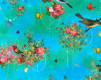 Tela de algodón azul con estampado de pájaros y flores de Robert Kaufman, cortada a medida o seleccione la longitud. ADND222764