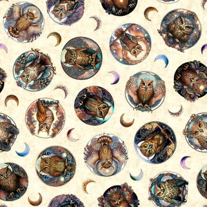 Quilting Treasures~Mystic Owls~Owl Toss~Digital~Cream~Cotton Fabric by the Yard or Select Length 30036-E