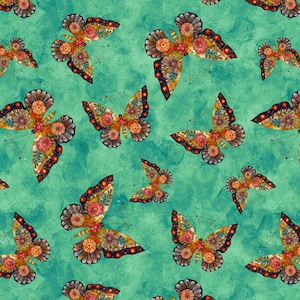 May include: A fabric pattern featuring a repeating design of butterflies with intricate floral and geometric wing details in shades of orange, red, yellow, and black, set against a textured, mottled teal green background.