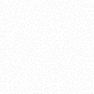 Puede incluir: Fondo blanco con un patrón repetitivo de estrellas, lunas y pequeños puntos de color gris claro. Las estrellas y las lunas están delineadas, creando un diseño celestial delicado. El efecto general es una estética suave y soñadora.