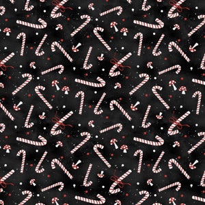 Wilmington Prints~Our Gnome to Yours~Candy Canes and Mushrooms~Black~Cotton Fabric by the Yard or Select Length 56084-913