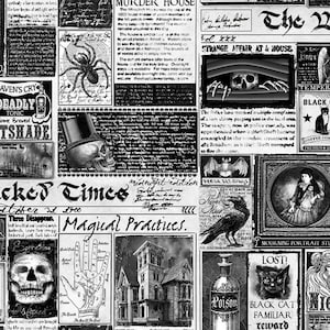 May include: A monochrome collage of vintage newspaper cuttings with gothic and Halloween imagery. Features a skull, spider, raven, and a haunted house. Text includes "Murder House" and "Magical Practices."