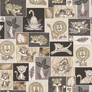 May include: A patchwork pattern featuring various jungle animals, including lions, tigers, and leopards. The animals are depicted in a cartoon style with brown, tan, and white colors. The background is a patchwork of brown, tan, and white squares.
