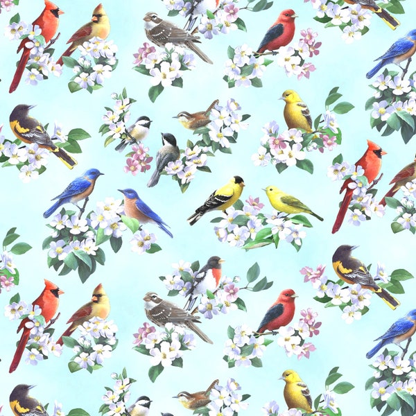 Elizabeths Studio~Tweethearts~Allover Birds~Azure~Cotton Fabric by the Yard or Select Length 40001E-AZURE