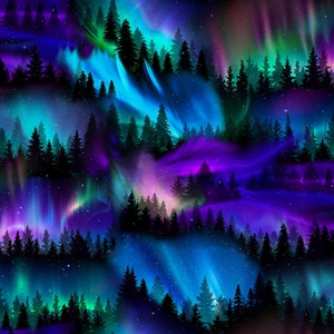 May include: A vibrant illustration of the Northern Lights over a forest of silhouetted evergreen trees. The aurora borealis glows with shades of blue, green, and purple, creating a dreamy, celestial landscape. The image evokes a sense of wonder and natural beauty.