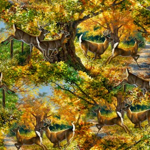 May include: A seamless pattern featuring a repeating design of deer in a forest setting. The deer are brown and white with antlers. The forest is depicted in shades of green, yellow, and brown. The pattern is perfect for fabric, wallpaper, or other decorative applications.
