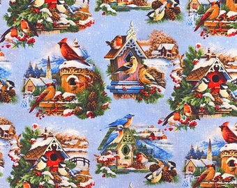 Elizabeths Studio Winter Song Winter Sing Birds Scenic Snow Cotton Fabric Bulk Stock or Select Length 9410E-SNOW