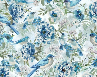 Tela de algodón azul claro con escarcha digital con vista al porche Hoffman, floral con pájaros, cortada a medida o a medida (V5299-113)