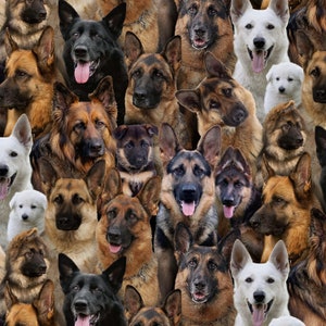 May include: A collage of various German Shepherd dogs in different poses and colors. The dogs are all looking at the camera, and some are smiling. The background is a blurry image of a brown and white pattern.