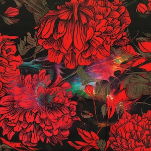 May include: A vibrant floral pattern featuring large red flowers with black outlines against a black background. The design includes hints of green and a colorful, cosmic-like center, creating a striking contrast.