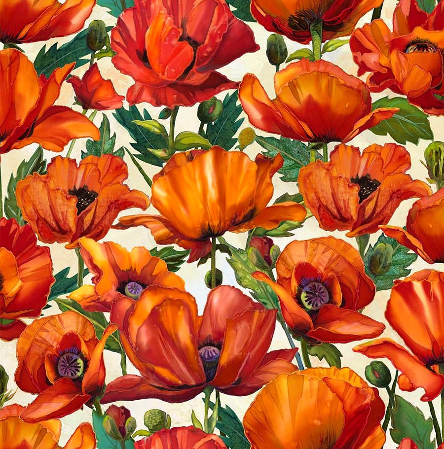 Poppy Center / Set of Four Printed Photo Fabric Panels for Quilting