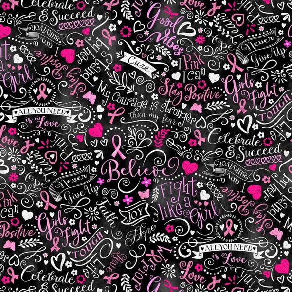 EOB~Timeless Treasures~Pink Ribbon~Breast Cancer Chalkboard~Black~Cotton Fabric by the Yard or Select Length C8408-BLK