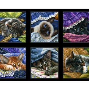 May include: A fabric panel with six squares, each displaying a cat. The cats are shown in different poses, sleeping or resting on patterned blankets and pillows. The panel has a black border with a repeating pattern of small white paw prints.